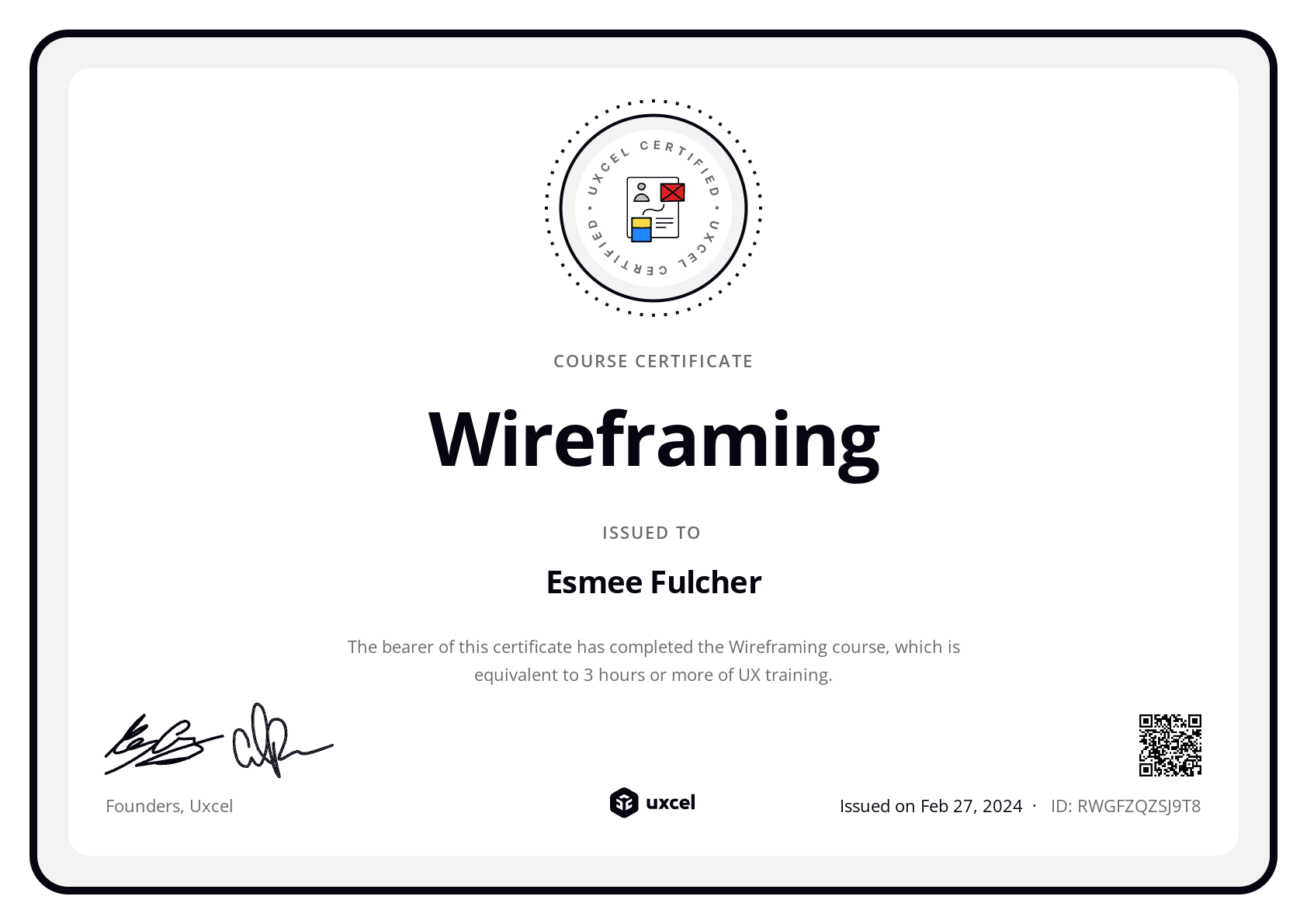 Esmee Fulcher's certificate